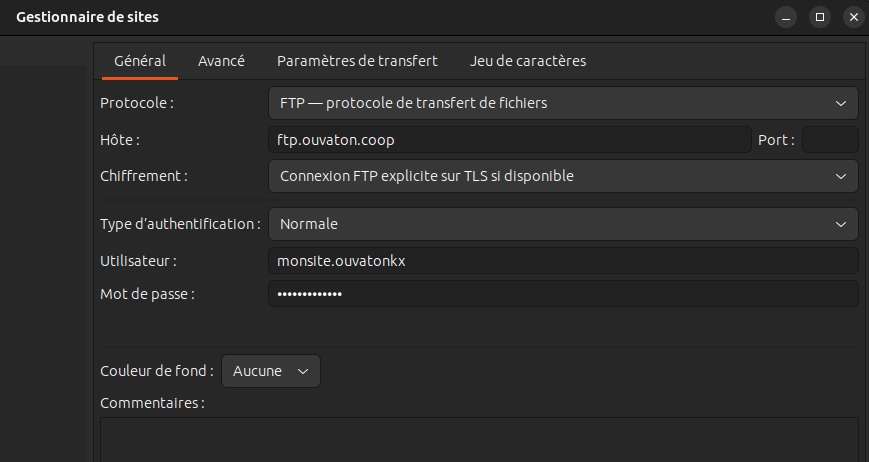 Capture d'écran de la fenêtre de paramétrage d'un compte FTP